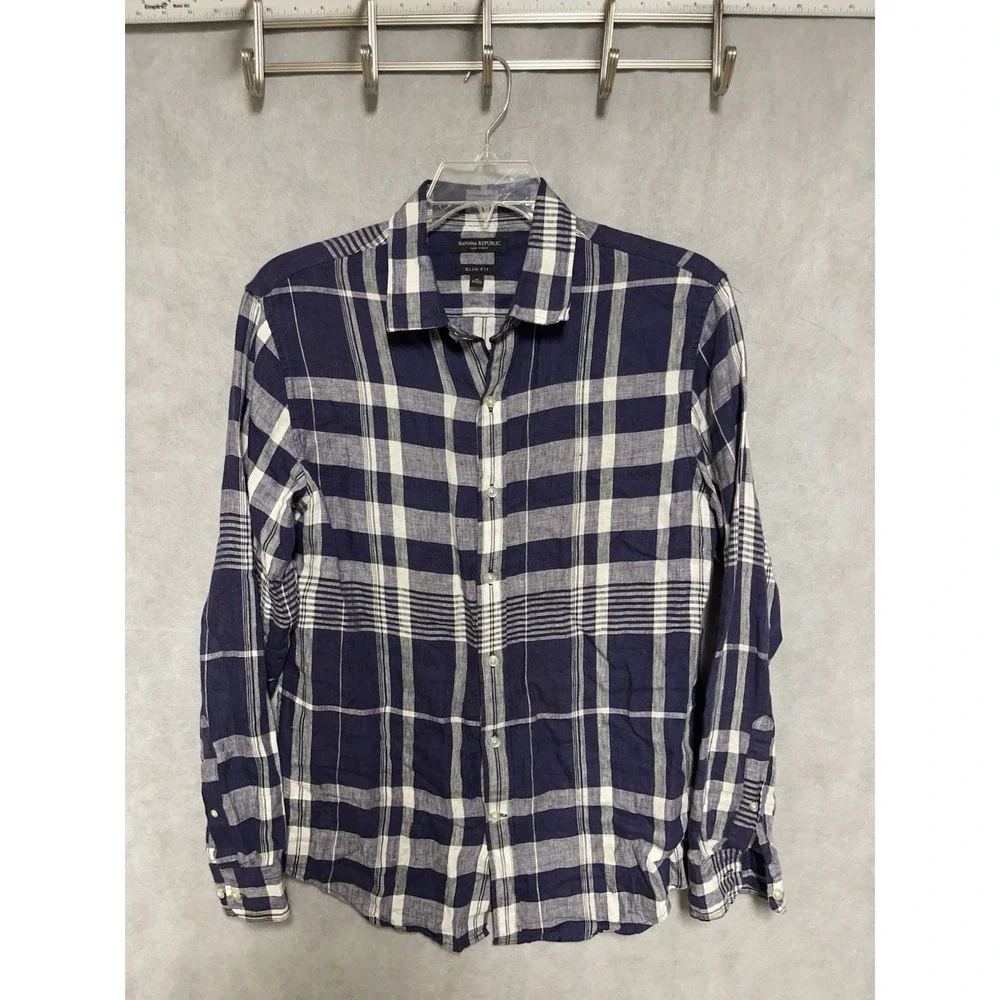 Banana Republic Shirt Men M Blue Plaid Linen Slim Button Up‎ Academia Vacation